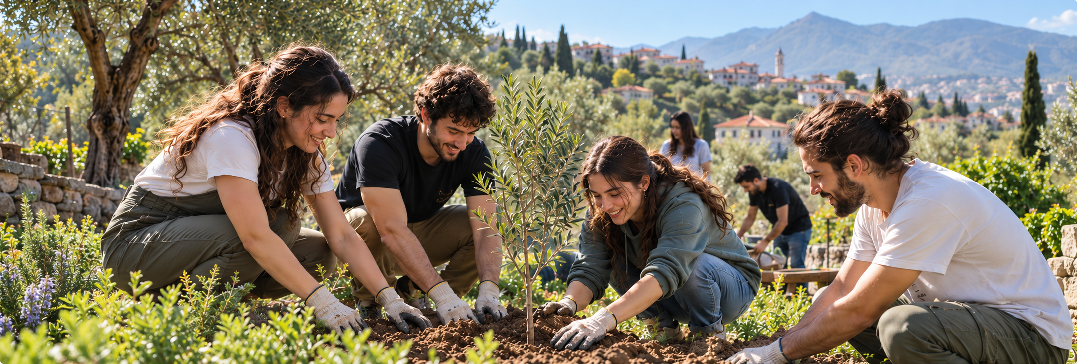 Young adults planting an olive sapling together in a community garden — an AI-generated concept scene